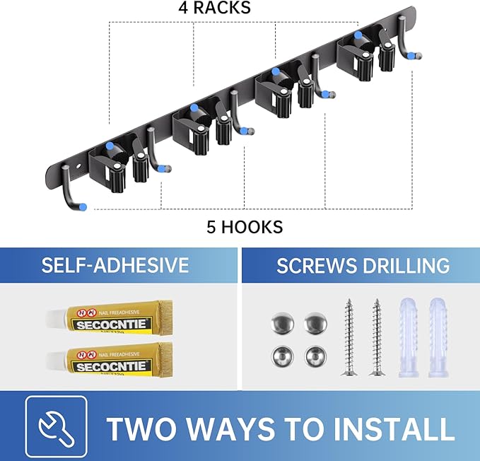 ZONGOOL 2 Pack Broom Holder Wall Mount, 4 Racks and 5 Hooks Mop Hanger Wall Mount Broom Organizer Stainless Steel Heavy Duty Garage Tool Racks for Home Kitchen Garden Laundry (Black)