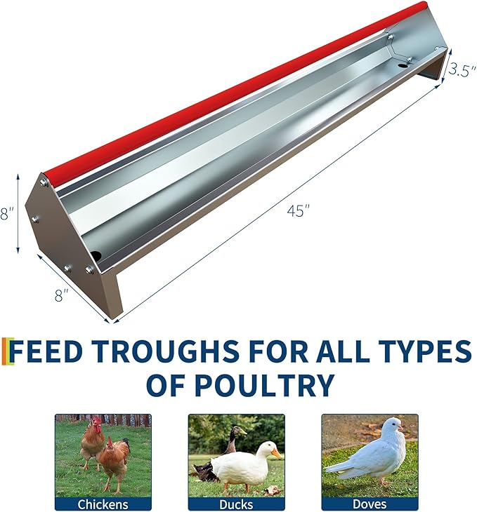 45" Chicken Feeding Trough, Galvanized Steel Chicken Feeder with Crossbar & Drainage Holes, Large Capacity Poultry Feeder Trough for Chicks, Duck, Goose, Turkey, Rabbit, Pigeon Red