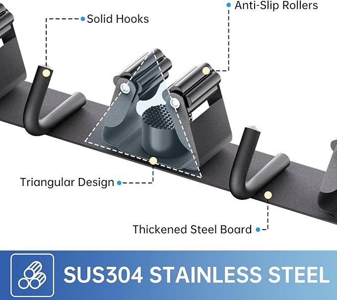 ZONGOOL 2 Pack Mop Broom Holder Wall Mount, Broom Organizer Storage Tool Racks Stainless Steel Self Adhesive Heavy Duty Hooks for Home Kitchen Garden (3 Racks with 4 Hooks, Black)