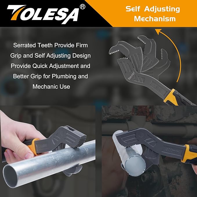TOLESA Self Adjusting Pipe Vise Wrench, Wide Jaw 0.35"-1.7", 8” and 12” Pipe Wrench