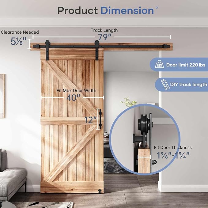 EaseLife 6.7FT Sliding Barn Door Track and Handle Hardware Kit, Straight Pulley,Slide Smoothly Quietly,Easy Install (6.7FT Track Kit for 36"~40" Wide Single Door)