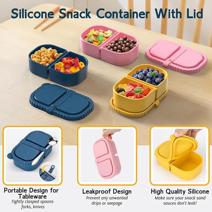 3 Pack Reusable Silicone Snack Containers with Lids, Meal Prep Containers 2 Compartments, Portable Silicone Food Storage Box for Picnic, School, Office (3)