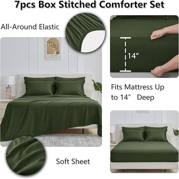 CozyLux Full Size Comforter Sets Olive Green - 7 Pieces Bed in a Bag Full, Oeko-Tex Certified Bed Set, All Season Soft Bedding Set with Down Alternative Comforter, Sheets, Pillowcases & Pillow Shams