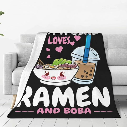 Ramen Blanket Just A Girl Who Loves Ramen and Boba Throw Blanket Super Warm Soft Plush Lightweight Fleece Flannel Ramen Noodles Blanket Gifts for Girls Baby Kids Women for Sofa Couch Bedding 50"X60"