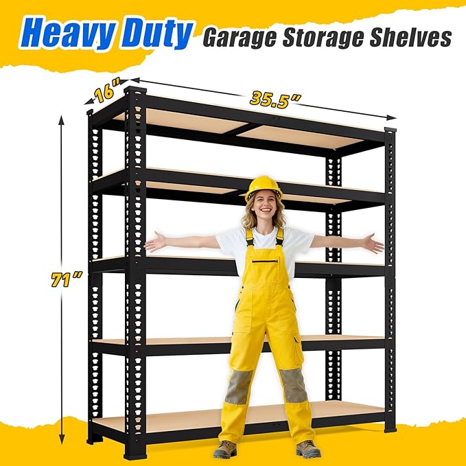 71" H x 35.5" W x 16" D 5-Tier Metal Storage Shelves: Heavy Duty Garage Shelving Adjustable Shelves for Storage - Black Utility Rack Shelf for Pantry, Warehouse, Office, Kitchen, 3PCS