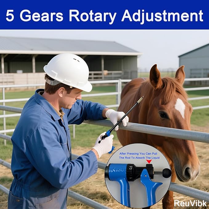 50ML Long Arms Livestock Syringe Gun, 5 Gears Adjustable Animals Injector Continuous Cattle Syringe Gun with Luer Lock, Suitable for Pigs, Cattle, Sheep, Horses, Etc