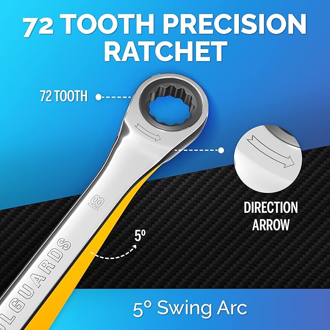 TOOLGUARDS 18mm Wrench - Ratcheting Wrench - Slim Profile - Ratchet Wrench - 100% Lifetime Satisfaction Guarantee