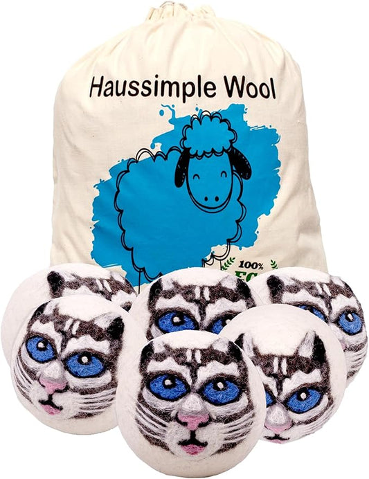 Wool Dryer Balls 6-Pack 100% Natural New Zealand Wool, Handmade in Nepal Reusable Laundry Balls, Faster Drying, Softer Clothes, Anti-Static, Dryer Sheets Alternative (Gray Cat)