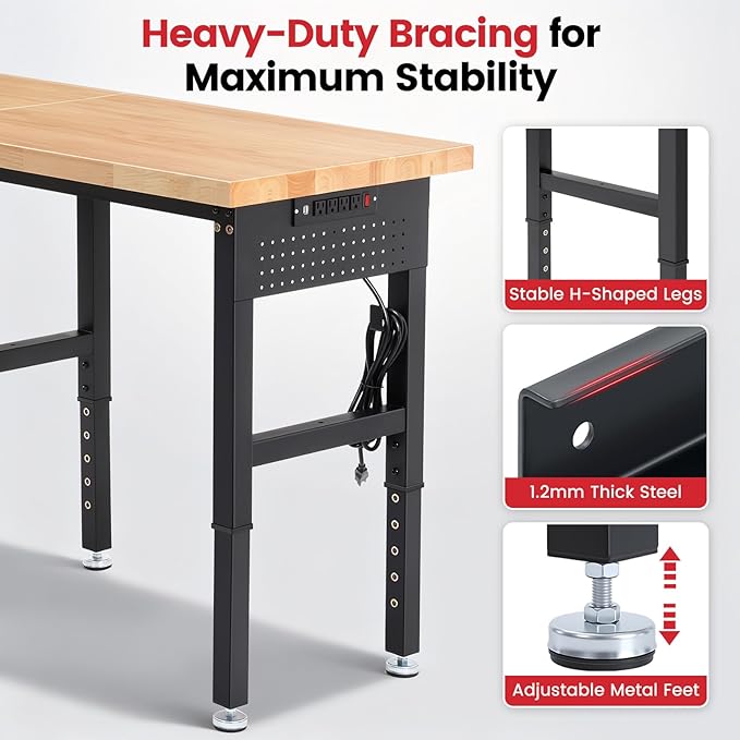 Work Bench 84 x 24 Inch Adjustable Height Rubber Wood Top Work Table 5000 Lbs Load Capacity Workstation with Power Outlets & Extended Pegboard for Garage, Workshop, Home, Office