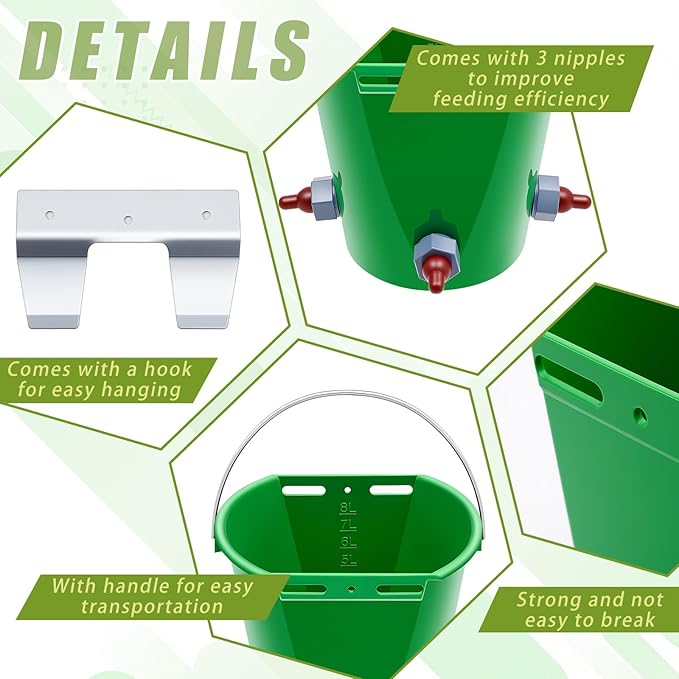 2 Pack 8l Lamb Milk Feed Bucket Multiple Teat Large Capacity Plastic Goat Milk Feeding Bucket Green Animal Feed Pot Lamb Feeder Bottle for Farm Sheep Livestock Cattle Animal(3 Mouths)