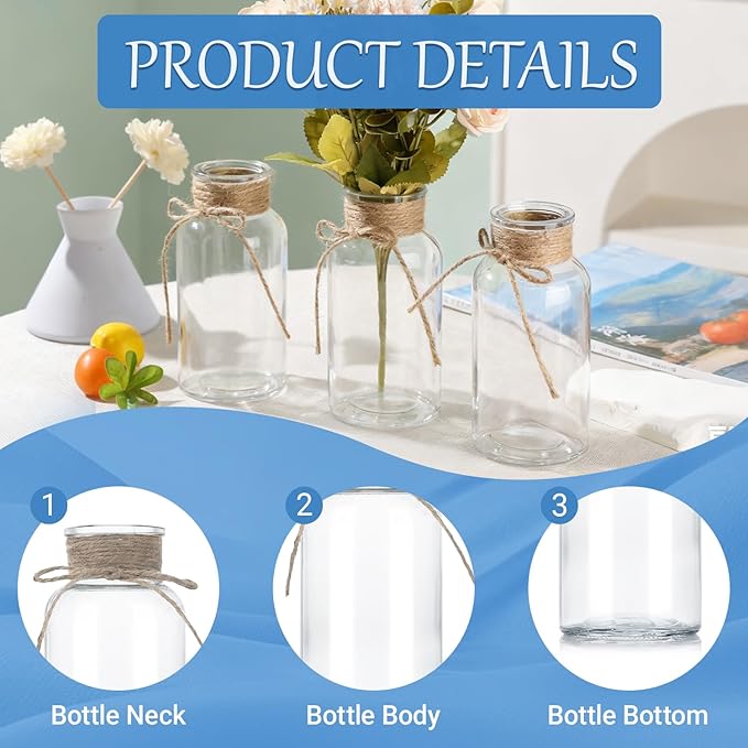 6PCS Transparent Glass Flower Vases for Centerpieces Boho Cylinder Bud Vases in Bulk Mason Jars for Weddings, Parties & Vintage Home Decor(Transparent 6)