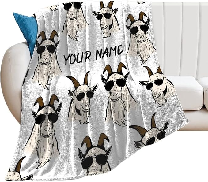 Custom Goat Blanket for Girls - 50x60 Inches Throw Size with Name - Soft Fuzzy Plush Throws Gift - White Funny Blanket for Bed, Couch, Sofa