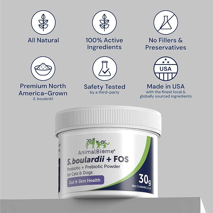 AnimalBiome Pet Probiotics - S. boulardii + FOS Probiotic and Prebiotic Powder for Dogs and Cats 60g