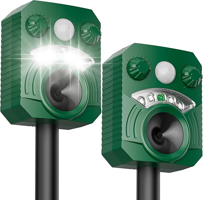 2 Pack Solar Ultrasonic Animal Repellent, Deer Repellent Devices with Motion Sensor, Waterproof Cat Repellent Outdoor with Flashing Lights to Scare Deer, Cats, Squirrels, Raccoons Away from Yard Lawn