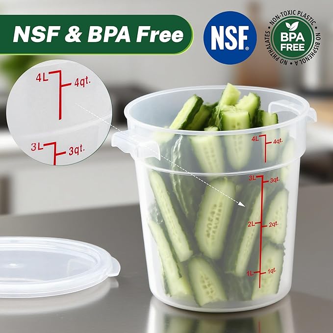 Round Food Storage Container with Lid, 4 Qt Translucent, Commercial 4 Pack of – NSF Listed, BPA-Free, Polypropylene, Non-Stick, Scale, with Labels & Measuring Cups