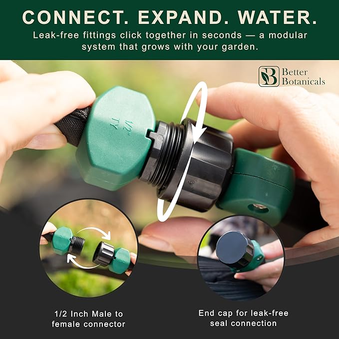 Soaker Hose 100+ ft Drip Hose with 16 Steel Stakes, 2 Storage Straps, Pre-Installed End Caps – Complete Irrigation System for Garden – Expandable Watering System Soaker Hoses