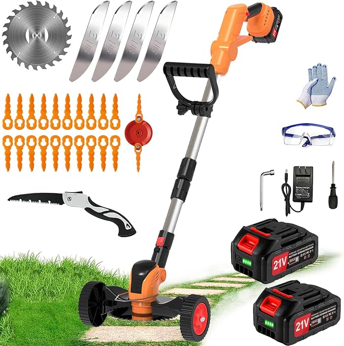 Electric Weed Wacker, Cordless Eater Battery Powered Eater Lightweight Edger Portable Stringless Grass Trimmer/Lawn Mower/Brush Cutter, with 3 Types Blades & Wheels for Yard and Garden