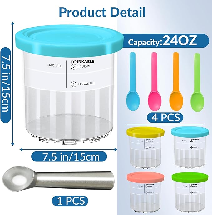 4 Pack Ninja Creami Containers with 4 Spoons, 1 metal spoon and 4 Lids, 24 oz Ninja Creami Deluxe Pints Compatible with NC500 NC501 Series Ice Cream Makers, BPA-Free And Dishwasher Safe