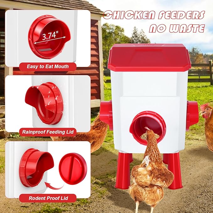 Chicken Feeder and Waterer with Set 3 Gallon/26.4 Pounds, Automatic Chick Feeder and Waterer Set No Waste, Poultry Feeder Large for Hens/Ducks/Poultry(Red
