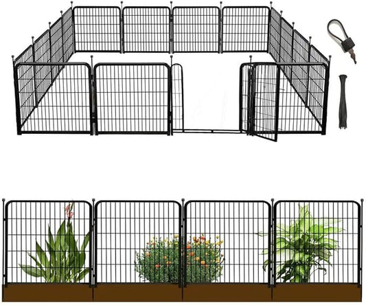 24 in(H) Decorative Garden Fence with Gate,16 Panels Total 31.4 Ft(L) Heavy Duty Iron Animal Barrier Fence for Yard,Suitable for Indoor Pet Or Outdoor Dog Fencing, Garden Border Fence