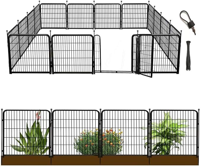 Animal Barrier Fence, 40 in(H)×27 in(L) 14 Panels Total 31 Ft(L), Garden Fence with Gate, Flower Bed Fencing, Black Metal Decorative Garden Fencing, Fence for Dogs Outside