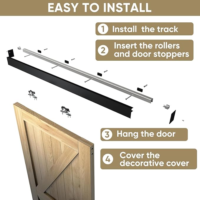 JUBEST 6.6FT Barn Door Sliding Hardware Track Kit, Aluminium Alloy Box Rail Hardware for Classic Modern Interior Single Wooden Door,Low Clearance,Black