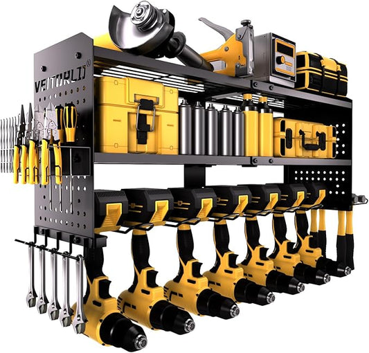Large Power Tool Organizer Wall Mount, 3-Tier Heavy Duty Metal Loads 260 lbs, 7 Cordless Drill Holder Garage Tool Storage Rack, Utility Shelf for Workshop Shed Basement, Gifts for Men Dad Christmas