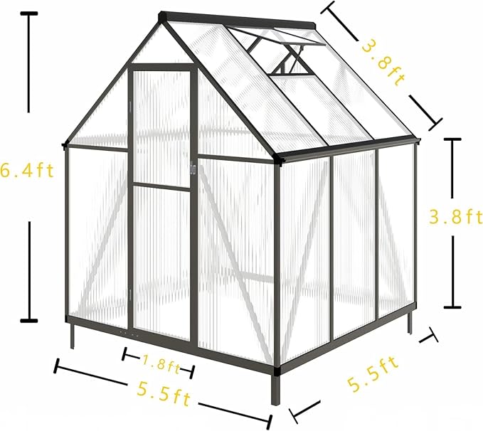 CQZY 6x6 FT Greenhouse for Outdoors, Polycarbonate Greenhouse with Quick Setup Structure and Roof Vent, Aluminum Large Walk-in Green House for Outside Garden Backyard, Dark Gray