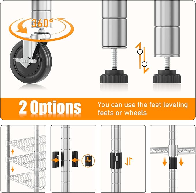 Himimi Storage Shelves 60"W Wire Shelving with Wheels 2600LBS Heavy Duty Metal Shelves for Storage, 4-Tier Adjustable Wire Rack Shelving Garage Shelving Kitchen Storage Shelves 24"Dx60"Wx72"H, Silver