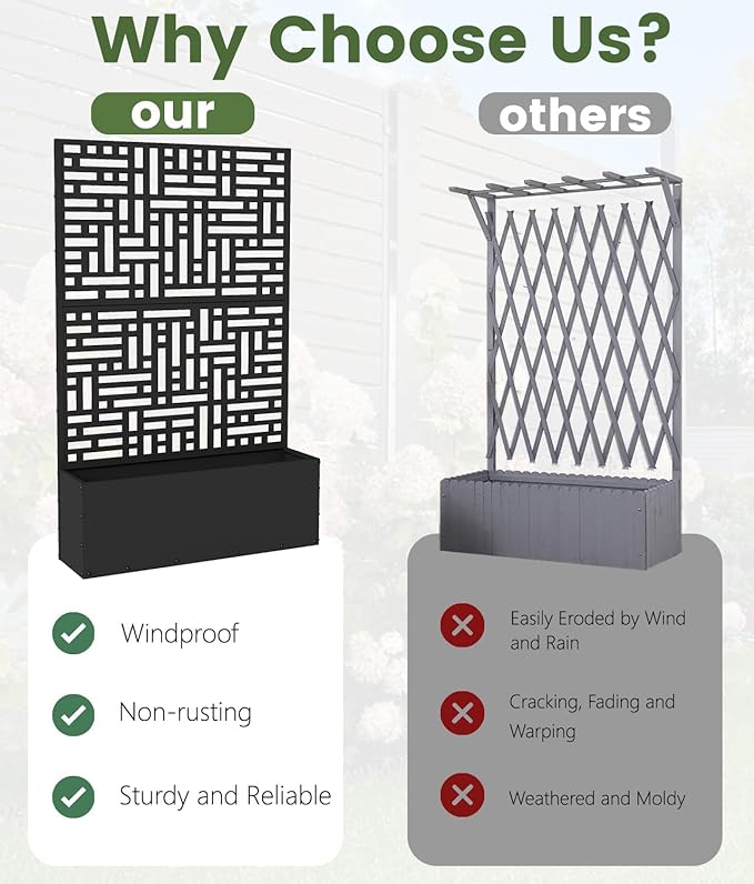 Metal Planter Box with Trellis,70.9"x47.2"x15.7" Raised Garden Bed with Drainage Holes, Privacy Planters for Outdoor Garden Bed for Climbing Plants,Vegetables,and Vines,2PCS,Black-Modular