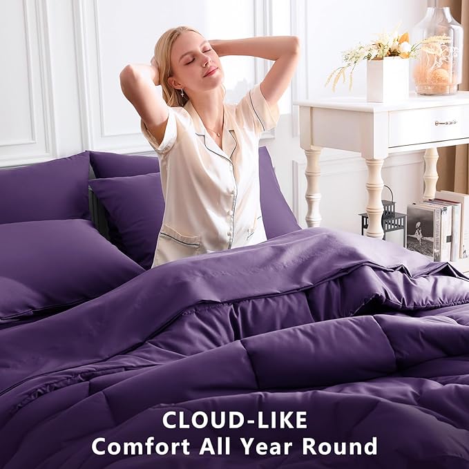 CozyLux Queen Comforter Set Purple, 7 Pieces Bed in a Bag, Purple Comforter Queen Size, All Season Bedding Sets with Stitch Quilted Comforter, Flat Sheet, Fitted Sheet, Pillowcases