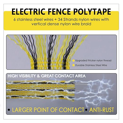Electric Fence PolyTape Horse Fencing Tape 1312 Feet 400m, High Visibility 0.8 Inch 20mm Width, 6 Strong Stainless Steel Conductors, Yellow and Black, Equine Horse Livestock Electric Fencing