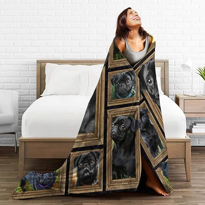 Black Pug Blanket Pug Dog Blankets Fleece Plush Flannel Super Soft Cozy Warm Lightweight Cute Pugs Dogs Decor Gifts for Boys Girls Kids Adults Men Women 60" x 80"