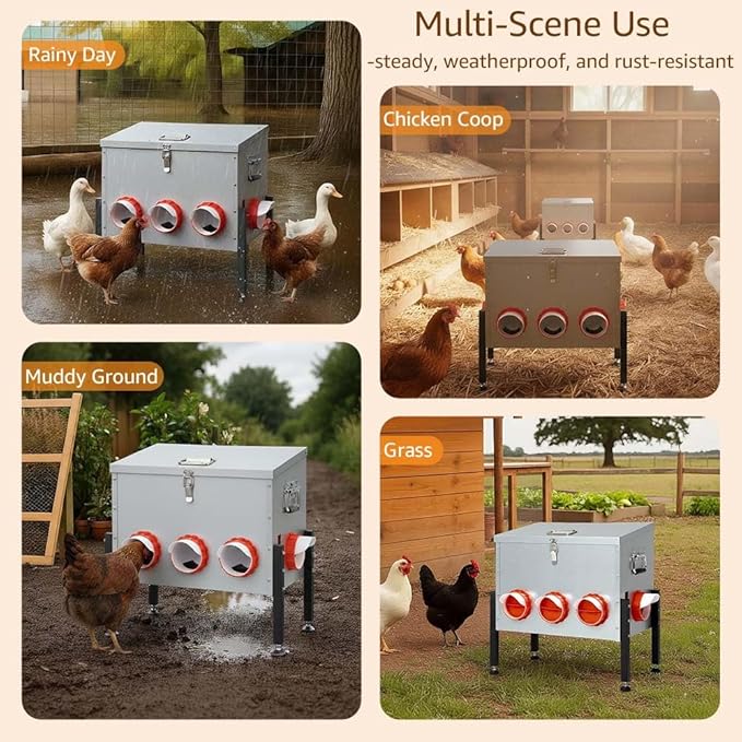 unipaws 50 LBS Automatic Chicken Feeder with 8 No-Waste Ports, 4 Height Adjustments, Weatherproof Metal Poultry Feeder with See-Through Window & Inclined Roof for Chickens & Ducks