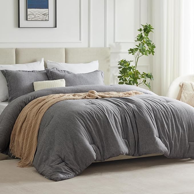 CozyLux Oversized Queen Comforter Set, 3 Pieces 98x98 Grey Soft Luxury Cationic Dyeing Bedding Set for All Season, Gray Breathable Fluffy Bed Sets with 1 Alternative Comforter and 2 Pillow Shams
