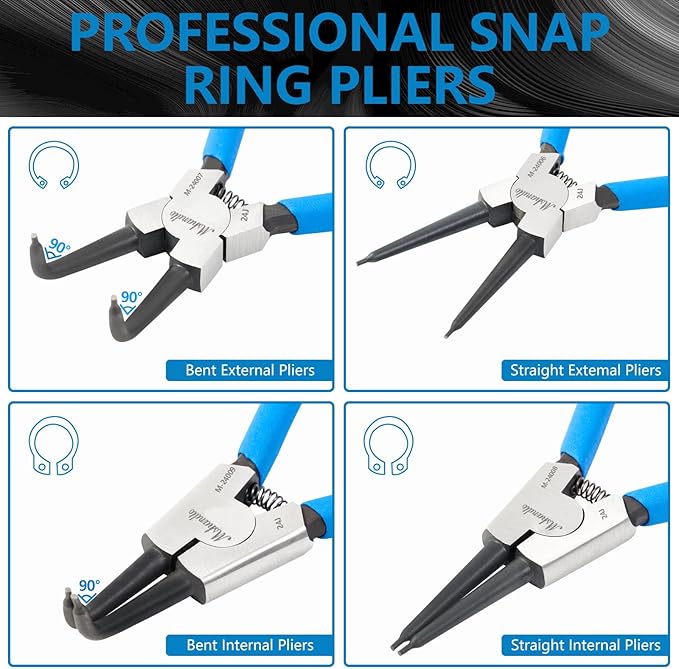 Snap Ring Pliers, 4 Pack CR-V Snap Ring Pliers Set, 7" Heavy Duty Internal/External Circlip Pliers, Straight/Bent Jaw Snap Pliers for Ring Remover Retaining Snap-Ring Plier