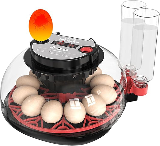 12 Egg Incubator with Temperature Control, Humidity Display, Automatic Egg Turner and Candler, Automatic Water Bottle Refill, for Hatching Chickens/Ducks/Gooses/Quail