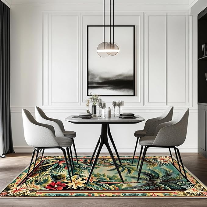 4x6 Tropical Rainforest Area Rugs Boho Forest Botanical Rug for Living Room Indoor Soft Non-Slip Thin Large Carpet Green Rugs for Bedroom Home Decor Under Table Washable Machine