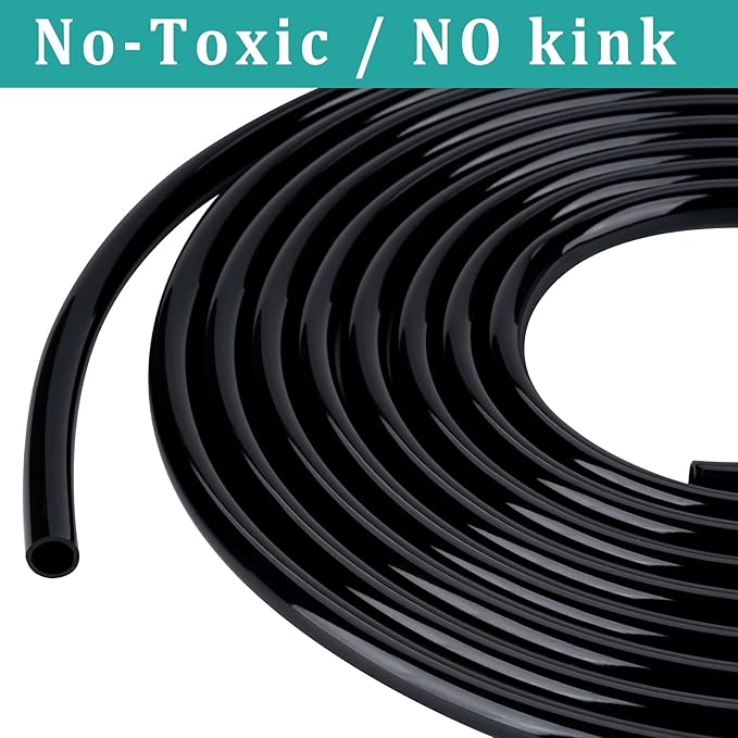1/4" id - 25ft Black Vinyl Tubing Flexible PVC Tube Hybrid Hose Transfer Water Fuel Gas for Pond Fountain Garden Waterfall, Durable and Safe, with 2 Hose Clamps