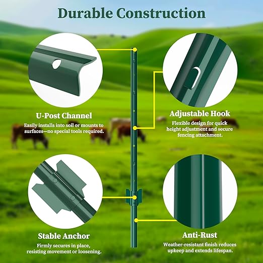 10 Pack Metal Fence Posts, 3ft Heavy Duty U-Post, Green Garden Stakes, No-Dig Post Anchors for Wire Fences, Temporary Fencing, Electric Fence, and Corner Support