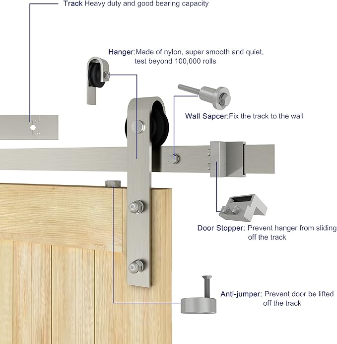 JUBEST 6.6FT Brushed Nickel Sliding Barn Door Hardware Kit Smoothly and Quietly J Shape Hanger Roller Flat Track Kit,Heavy Duty Nickle Barn Door Track,Easy to Install