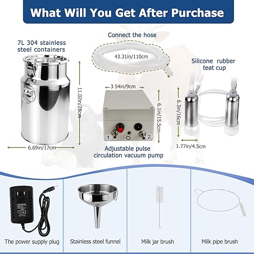 2025 Upgrade 7L Cow Milking Machine, Continuously Adjustable Suction Pulsation Vacuum Electric Milker, Portable Livstock Milking Machine with Stainless Bucket(US Plug)(7L Cow)