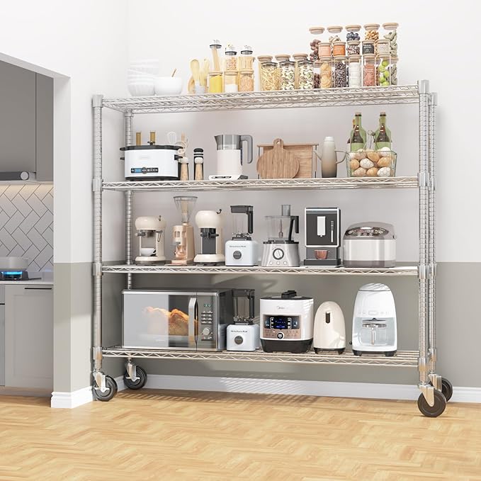 Homdox 4 Tier Heavy Duty Metal Wire Shelving with Wheels, 2400 lbs Capacity Garage Storage Rack, Rolling Industrial Storage, Adjustable Commercial Shelves for Kitchen, Warehouse, 18"x60"x72", Chrome