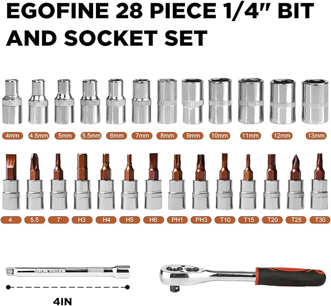 Egofine 28pcs 1/4 Inch Ratchet Socket Wrench Set, Drive Socket Set with 12 Sockets and 14 Bit Socket Set, with Extension Bars