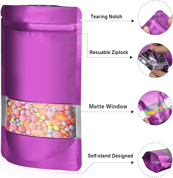 5.5"x7.8" 120pcs Mylar Bags for Food Storage,Smell Proof Bag with Matte Window Resealable Food Storage Bags for Small Business, Stand-up Foil Pouch Packaging Freeze Dried Candy Bag（Purple）