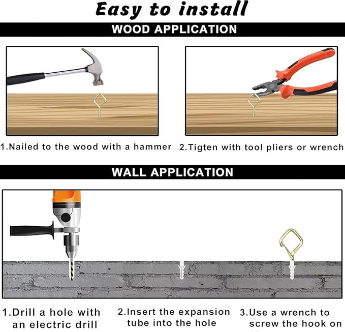 50 PCS Gold Eye Screw Hooks for Hanging Heavy Duty with Safety Buckle.Metal Ceiling Hooks for Hanging Plants Cup Wind Chime Bird Feeders Patio Lights at Indoor&Outdoor