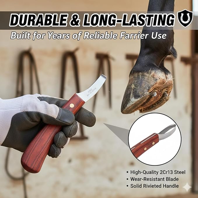 Professional Hoof Trimmer, Sharp Stainless Steel Hoof Knife for Horses, Goats & Cattle, Ergonomic Wood Handle Shears for Farrier & Livestock Hoof Care, Non-Slip Grip