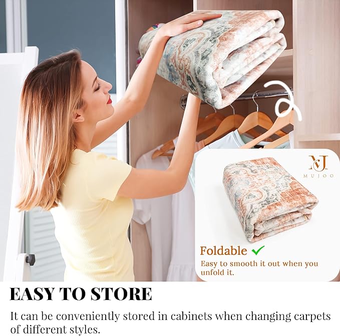 MUJOO 2'x3' Rugs Machine Washable Area Rugs for Entryway Boho Rug for Bathroom Kitchen Non Slip Carpet Abstract Soft Low-Pile Orange Navy Blue Area Rug Floral