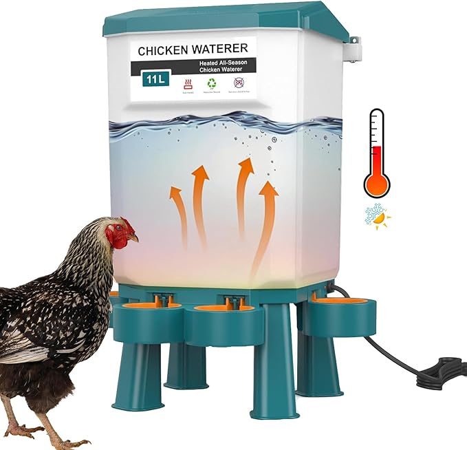 Poultry Watering Equipment, Heated Chicken Waterer, 11L Blue, 11 liters, Chicken