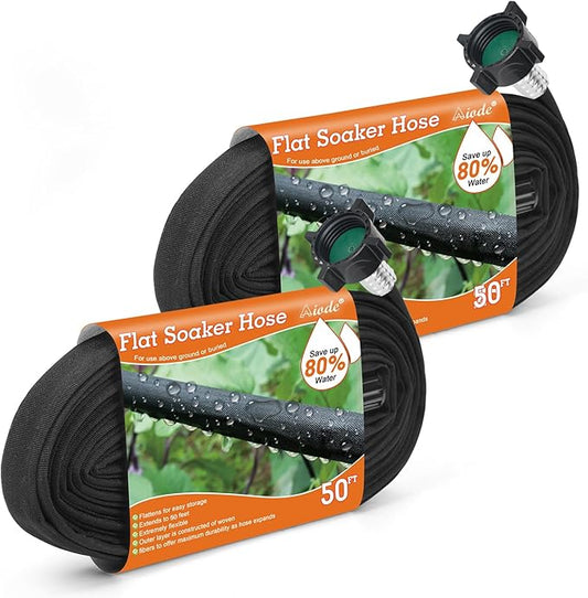 AIODE Flat Soaker Hose 100FT(50FT 2Pack) for Garden Beds Drip Hose Heavy Duty Save 80% Water for Vegetable Tree (100FT)